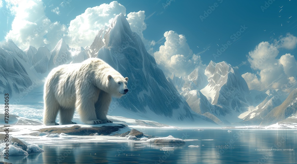 Arctic 3D wilderness with towering icebergs, snow-capped mountains, and ...