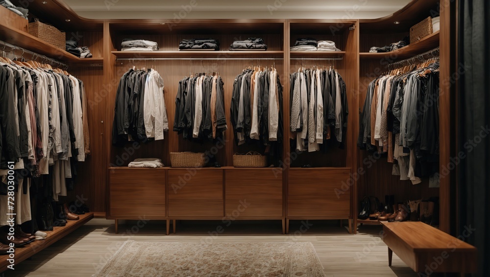 There are shelves, rods, and drawers in this contemporary, minimalist men's wardrobe. Accessory storage and organization space in the dressing room. luxury walk-in closet interior design
There are shelves, rods, and drawers in this contemporary, minimalist men's wardrobe. Accessory storage and organization space in the dressing room. luxury walk-in closet interior design