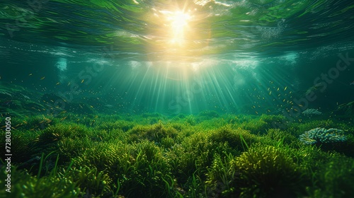 Seagrass view from underwater with sparkling sunlight. World Seagrass Day.