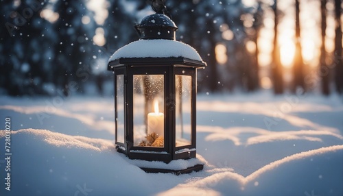 christmas lantern in the snow Christmas lantern in snow with fir tree. Winter cozy scene  © Jared
