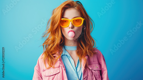 Beautiful young woman in yellow sunglasses and denim jacket blowing pink bubble gum on blue background. photo
