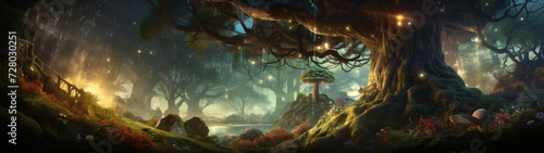 panorama of a fantasy forest with big trees and big mushrooms
