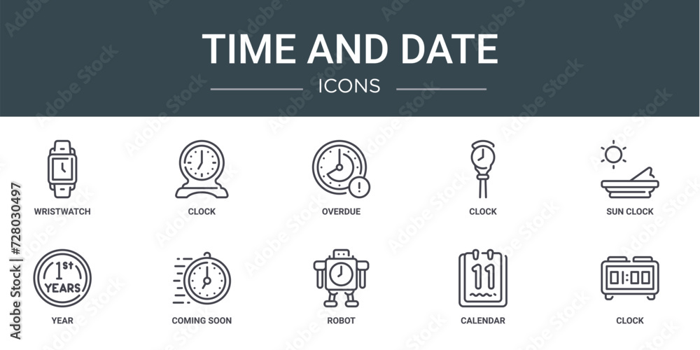 set of 10 outline web time and date icons such as wristwatch, clock ...