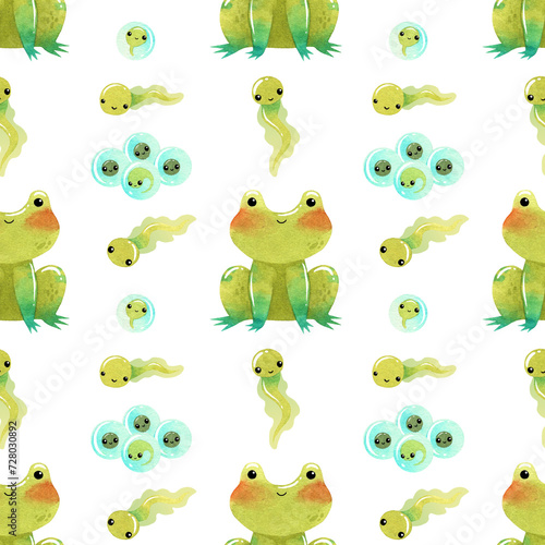 Cute funny green frog  toad watercolor illustration with eggs and tadpole seamless pattern