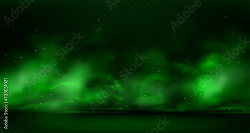 Green smog with flying particles on ground. Vector realistic illustration of fog clouds with bright flares and sparkles on floor. Chemical toxic vapour, smoke or poison gas in air on dark background.