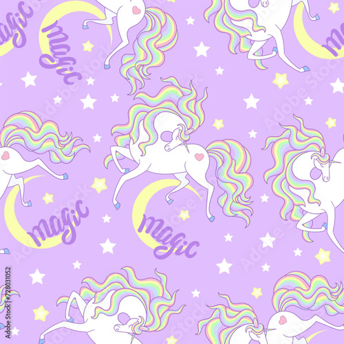 Seamless pattern with white unicorns, moon, stars and the inscription magic on a lilac background. For children's fabric design, wallpaper, backgrounds, wrapping paper, scrapbooking, etc. Vector