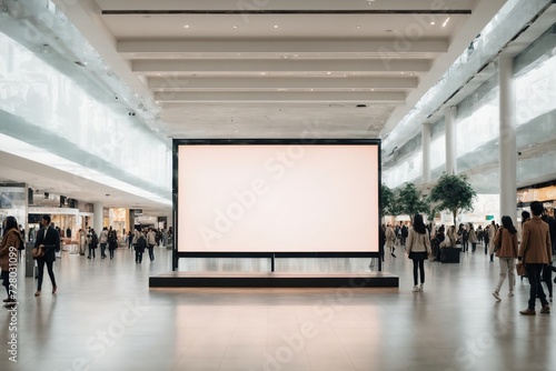 Indoor shopping mall empty advertising billboard, large video promotion LED white screen in public space area with people 
