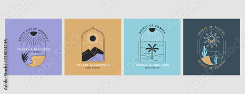 Vector linear boho emblems with abstract mountain landscape. Travel logos with sandy desert dunes, river, sea beach with palm tree, sun, cactus, hills. Modern bohemian icons or badges for vacation.