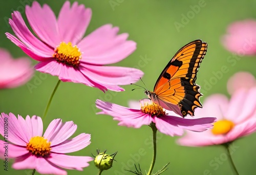 Beautiful pink flower Cosmos bipinnatus and butterfly on natural green-yellow background, close-up © Naila
