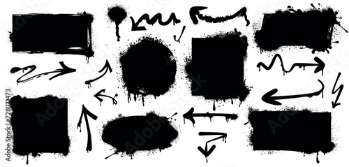 Black spray paint frames, arrows and drips. Graffiti borders in shape of rectangle, square, circle and oval isolated on white background. Vector grunge set of blobs and ink splashes with splatters.