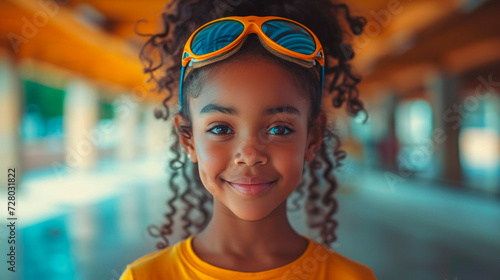 Portrait of a small African-American girl with curly long hair from a close angle on the beach, in an indoor pool, in a park or a summer cafe. A smiling kid with funny biker yellow glasses on his head photo