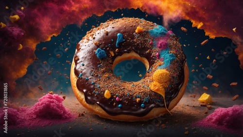 Flying donut with sprinkle, Chocolate cake, Dessert, donut advertising, food, coffee, colored donut, pink, blue, dark, HDR, 