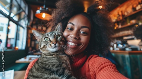 Gorgeous smiling young girl with her cat in hotel room taking selfie, pet friendly hotel. Woman relaxing with cat, pet friendly space. Influencer, recording video . pet care