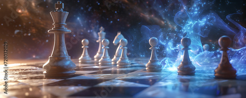 Chess pieces made of light engaged in a cosmic game, where each move affects the fabric of the universe in intricate and unpredictable ways. 