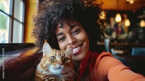 Gorgeous smiling young girl with her cat in hotel room taking selfie, pet friendly hotel. Woman relaxing with cat, pet friendly space. Influencer, recording video . pet care