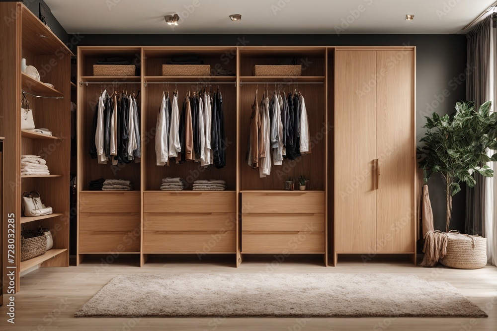 There are shelves, rods, and drawers in this contemporary, minimalist men's wardrobe. Accessory storage and organization space in the dressing room. luxury walk-in closet interior design There are shelves, rods, and drawers in this contemporary, minimalist men's wardrobe. Accessory storage and organization space in the dressing room. luxury walk-in closet interior design