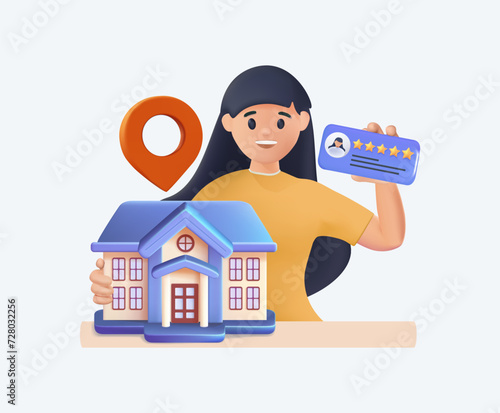 Choosing and booking hotel online. Tourist looking for hostel room, apartment in internet. Searching travel accommodation, housing concept. 3D vector illustration isolated on white background