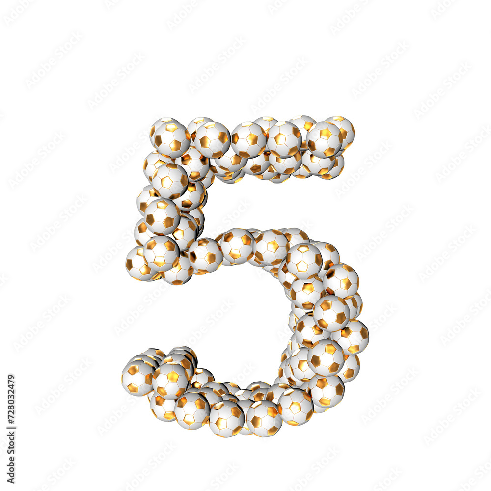 Symbol made from gold soccer balls. number 5 Symbol made from gold soccer balls. number 5