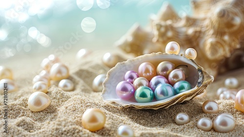 Oyster laying on beach with colorful pearl wallpaper background