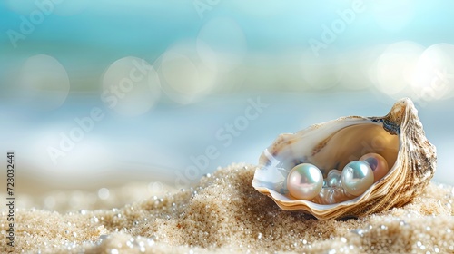 Oyster laying on beach with colorful pearl wallpaper background © Irina