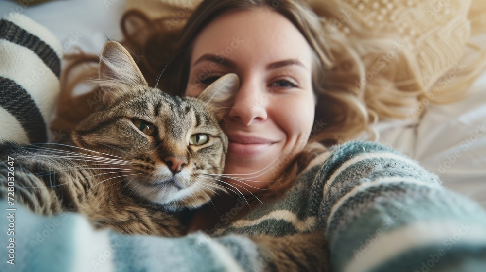 Gorgeous smiling young girl with her cat in hotel room taking selfie, pet friendly hotel. Woman relaxing with cat, pet friendly space. Influencer, recording video . pet care Gorgeous smiling young girl with her cat in hotel room taking selfie, pet friendly hotel. Woman relaxing with cat, pet friendly space. Influencer, recording video . pet care