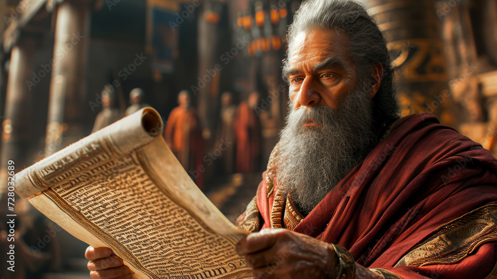 Religious leader reading an old manuscript parchment Hebrew text ancient biblical scroll Generative AI Illustration