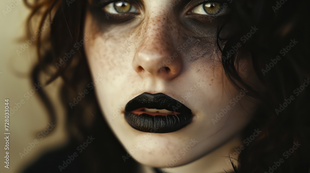 Girl's face with black lips. Macro Close up photography. For advertising beauty salons Girl's face with black lips. Macro Close up photography. For advertising beauty salons