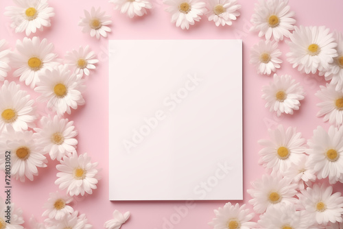 Empty white paper with flowers on pink background, card mockup with copy space