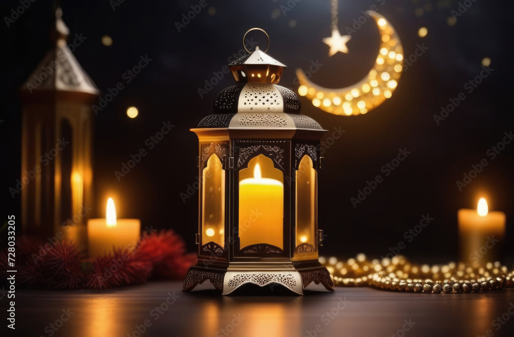 Eid al-Fitr, Laylat al-Qadr, holy month of Ramadan, Arab lantern fanus, candles, moon moon and stars, golden beads, magical atmosphere - obrazy, fototapety, plakaty 