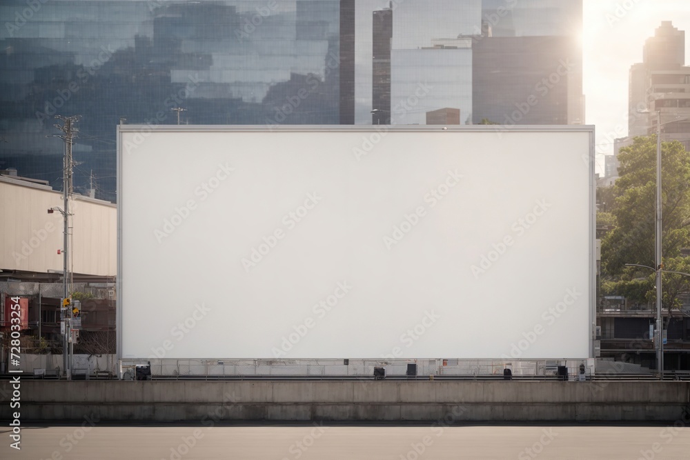 White large horizontal empty billboard mock up on fence wall with urban modern city background White large horizontal empty billboard mock up on fence wall with urban modern city background