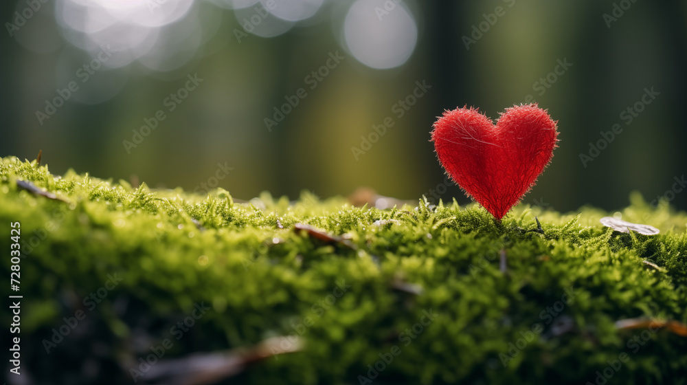Dew-Kissed Red Heart-Shaped Leaf Standing on Vibrant Green Moss Dew-Kissed Red Heart-Shaped Leaf Standing on Vibrant Green Moss