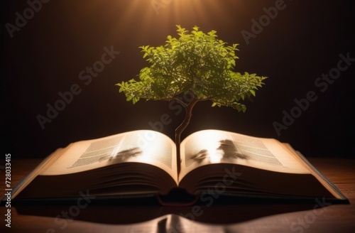 international Day of Poets and Writers, World Book and Copyright Day, green tree grows from an open book, magic book, dark background, sun rays