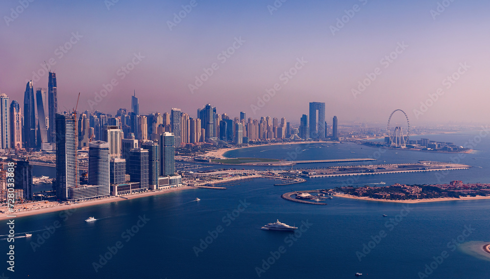 Fototapeta premium Banner Holidays and vacations in UAE tourism . Panorama view skyline of Dubai Marina and JBR sand beaches in Persian gulf, sunset time.
