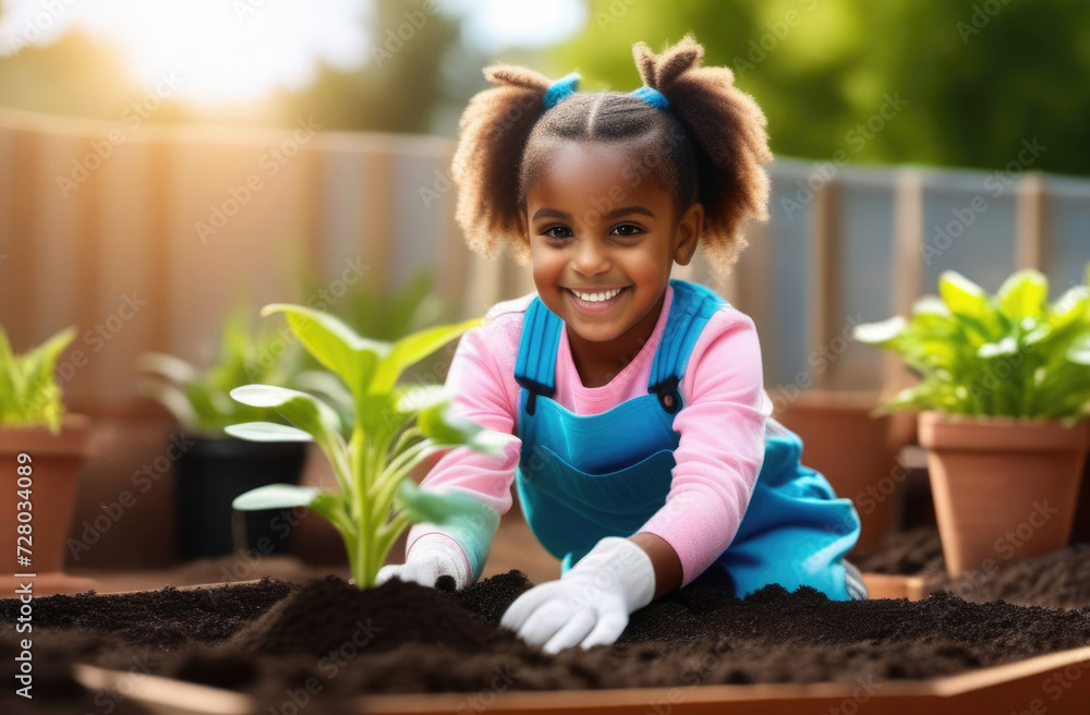 Arbor Day, a young tree grows out of the soil, planting plants, a small African American child plants a tree, a girl in rubber gloves, spring, sunny day Arbor Day, a young tree grows out of the soil, planting plants, a small African American child plants a tree, a girl in rubber gloves, spring, sunny day