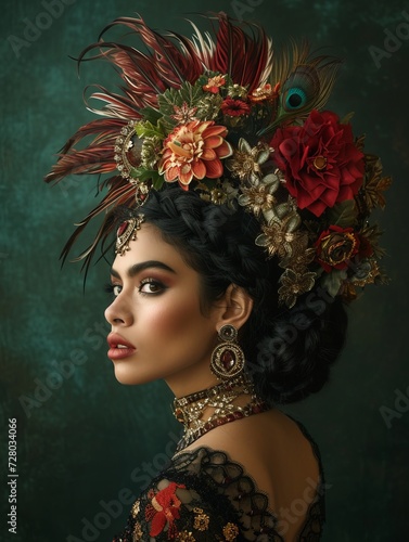 Beautiful Mexican woman with bright make-up and floral wreath on her head