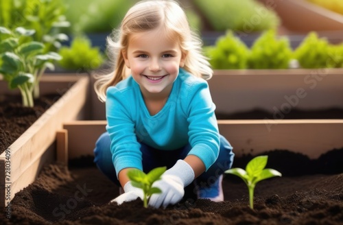 Arbor Day, a young tree grows out of the soil, planting plants, a small European child plants a tree, a girl in rubber gloves, spring, sunny day