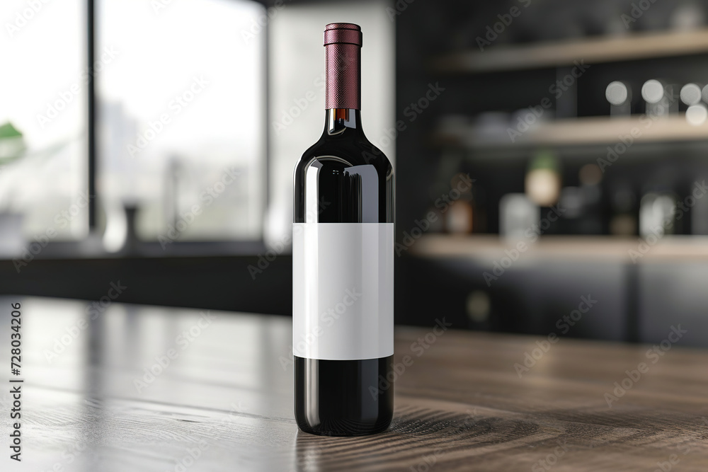red wine bottle with white blank label on table in restaurant