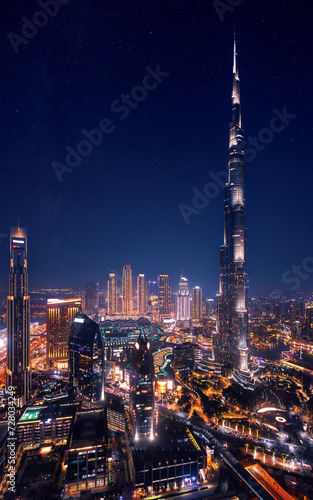 Wallpaper Mural Night Panorama aerial top view of Dubai downtown skyline illuminated skyscrapers and highway. Business and financial modern district of city Torontodigital.ca