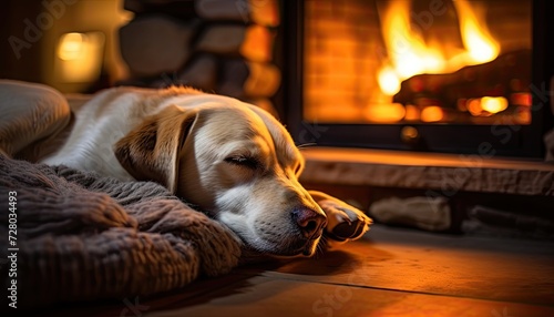 Dog Sleeping on Blanket in Front of Fireplace