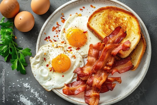 A high angle shot of a delicious breakfast spread featuring sunny-side-up eggs, crispy bacon, and toast Breakfast with fried eggs, bacon and toasts