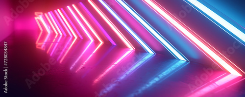Dynamic 3D render of neon arrows moving in different directions  creating a visually captivating and futuristic composition.