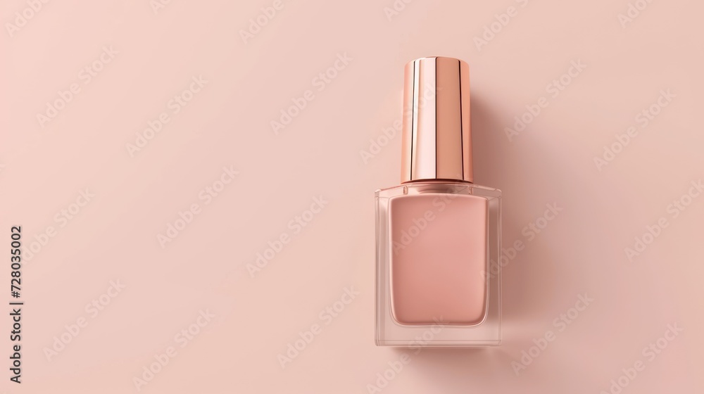 Nude nail polish glass bottle mockup on beige background, 3D rendered product for showcase and advertisement - obrazy, fototapety, plakaty 
