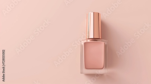Nude nail polish glass bottle mockup on beige background, 3D rendered product for showcase and advertisement photo