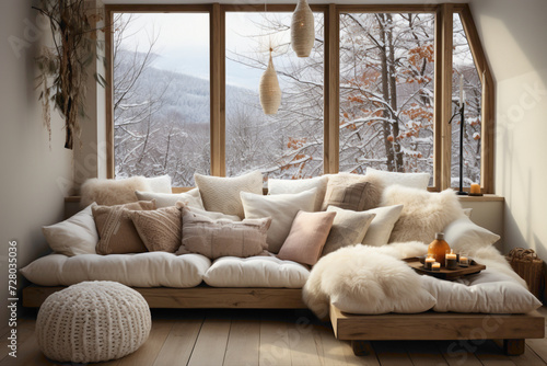 Picture a cozy white sofa adorned with cushions and a snug blanket, positioned against a window, capturing the essence of relaxation and timeless design.