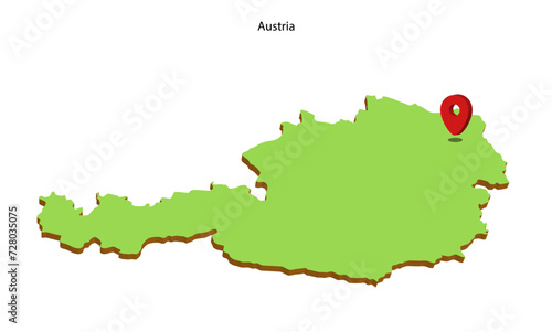 3d vector illustration graphic green color geographical map of Austria with pointer arrow on the Vienna