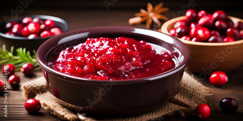Cranberry jam with fresh berries on wooden background. Selective focus. Homemade red cranberry sauce for Thanksgiving Holiday table in a bowl.