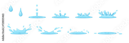 Water splash animation. Blue liquid frame by drop movement. Dropping and splat effects. Aqua splash sequences. H2O droplets falling process cycle. Fluid crowns. Recent vector concept