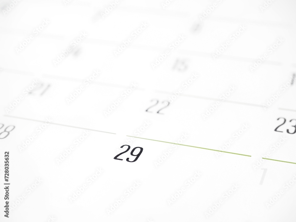 Calendar with number 29 showing the last day of february in a leap year Calendar with number 29 showing the last day of february in a leap year