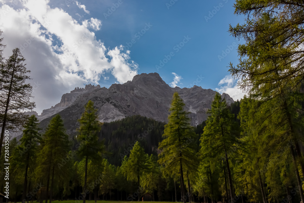 Scenic view of majestic mountain peak of Dreischusterspitze in untamed Sexten Dolomites, South Tyrol, Italy, Europe. Hiking in panoramic Fischleintal (Val Fiscalina), Italian Alps. Wanderlust concept Scenic view of majestic mountain peak of Dreischusterspitze in untamed Sexten Dolomites, South Tyrol, Italy, Europe. Hiking in panoramic Fischleintal (Val Fiscalina), Italian Alps. Wanderlust concept