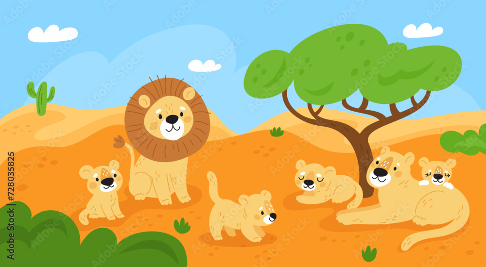Obraz premium Lion family on nature. Beautiful savannah landscape. Wild animals. Resting pride. Lioness with cubs. King of beasts. African safari panorama. Cartoon predator mammals. Garish vector concept